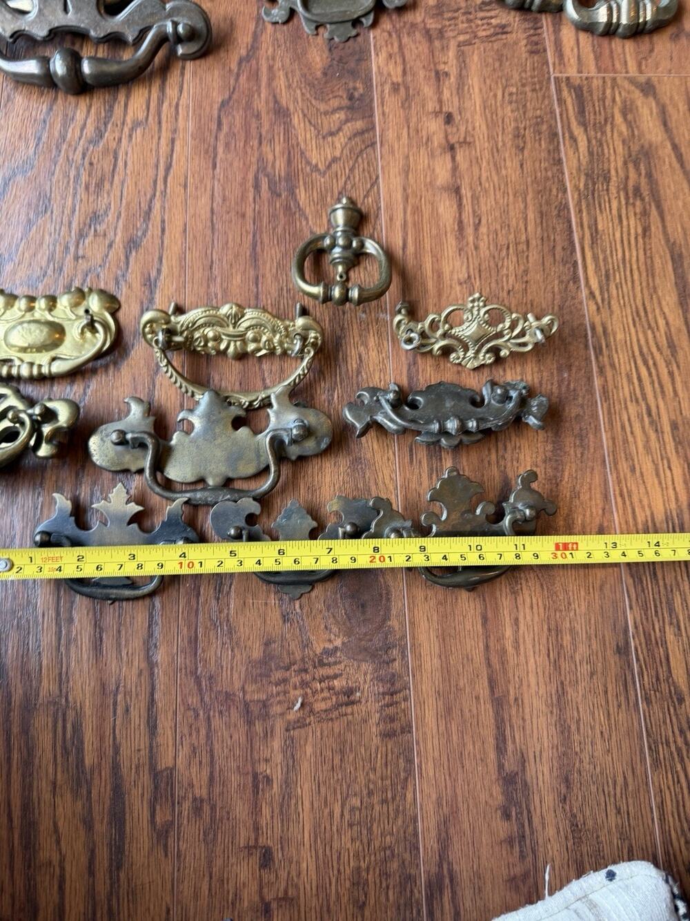VTG Brass Drawer Pull Lot 10 Pc Mismatched Orphan Hardware Ornate Ring Shell